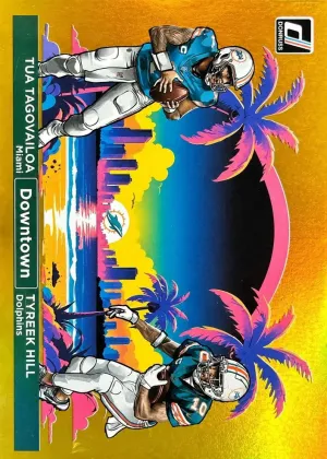 Tua Tagovailoa / Tyreek Hill 2024 Panini Donruss Horizontal Downtown! Football Gold #11