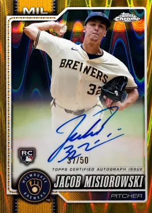 Jacob Misiorowski 2026 Topps Chrome Rookie Autographs Baseball Gold Raywave Refractor #RA-JM