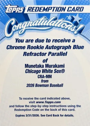 Munetaka Murakami 2026 Bowman Chrome Rookie Autograph Baseball Blue Refractor #CRA-MM