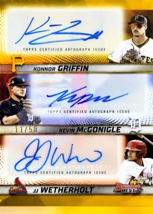 Kevin McGonigle / JJ Wetherholt / Konnor Griffin 2025 Bowman's Best Triple Autographs Baseball Gold Refractor #TA-GMW