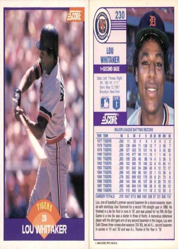 Lou Whitaker 1989 Score Baseball #230