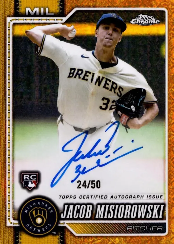 Jacob Misiorowski 2026 Topps Chrome Rookie Autographs Baseball Gold Refractor #RA-JM