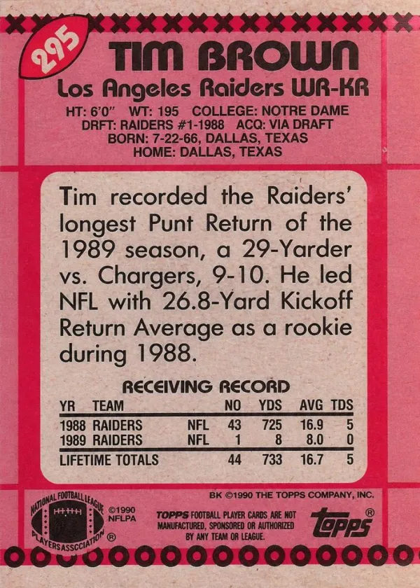 Tim Brown 1990 Topps Football Disclaimer Back #295