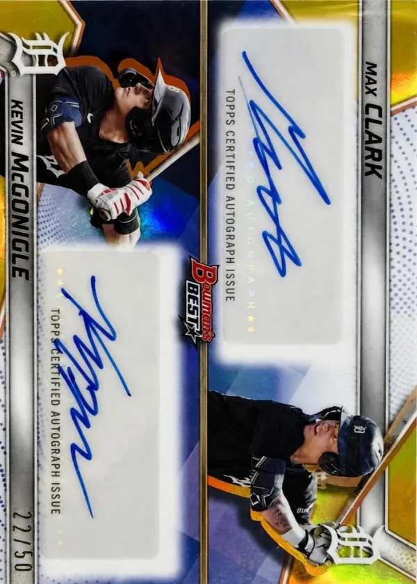 Max Clark / Kevin McGonigle 2025 Bowman's Best Dual Autographs Baseball Gold Refractor #DA-CMC