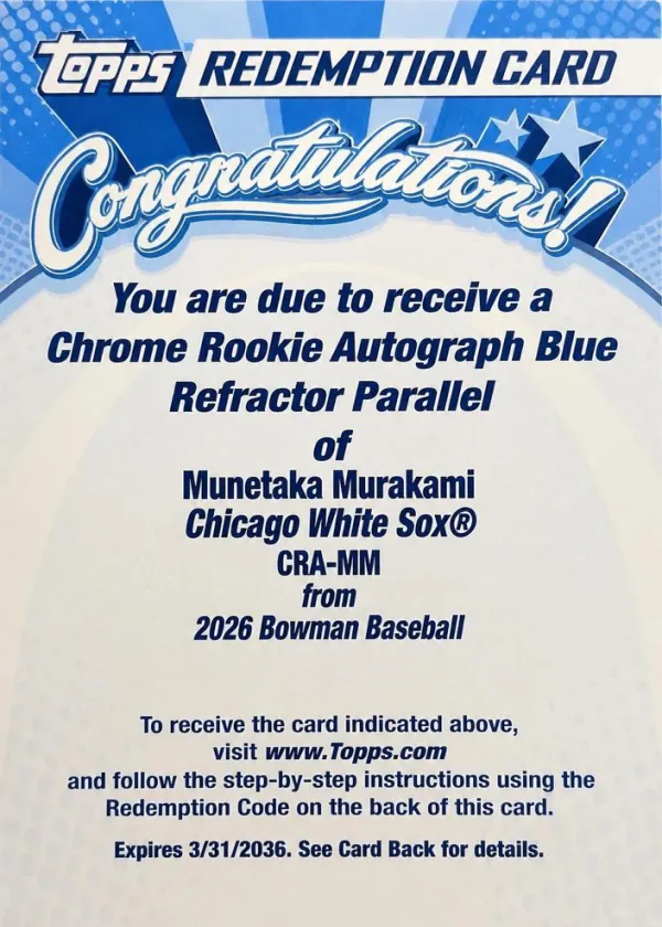 Munetaka Murakami 2026 Bowman Chrome Rookie Autograph Baseball Blue Refractor #CRA-MM