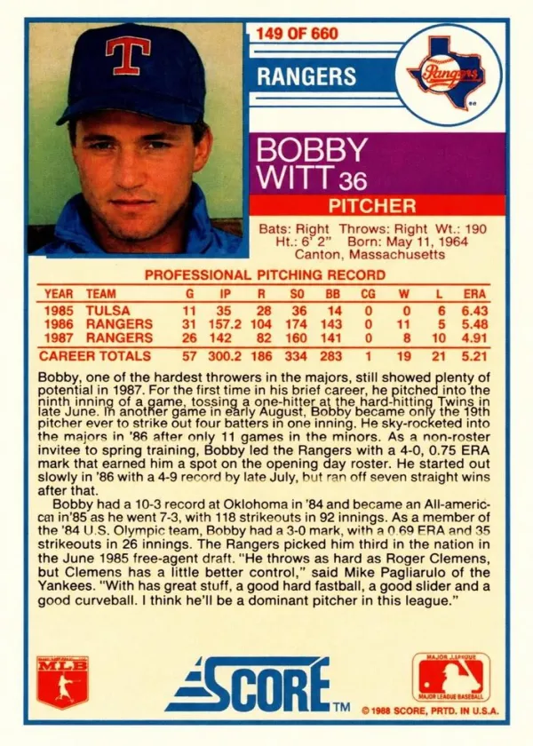 Bobby Witt 1988 Score Baseball #149